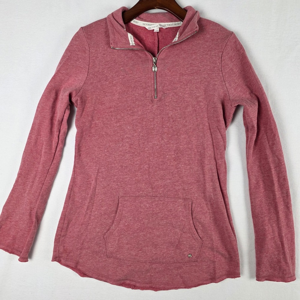 Victoria's Secret Women's Pink Heathered Quarter Zip Kangaroo Pocket Pullover M